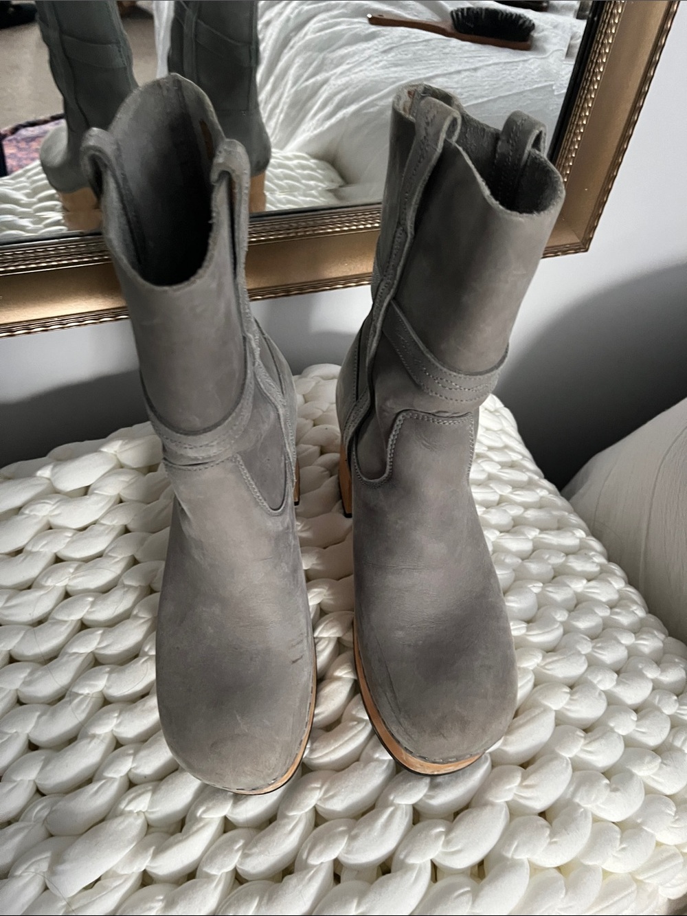 Swedish Hasbeens Gray Suede Mid-Calf Heeled Boots